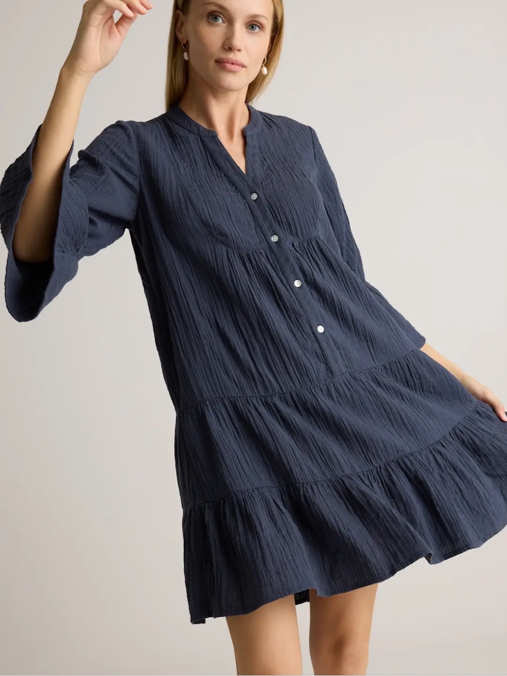NWT Quince 100% Organic Cotton Gauze Tiered Mini Dress Indigo Blue XS - Picture 7 of 7
